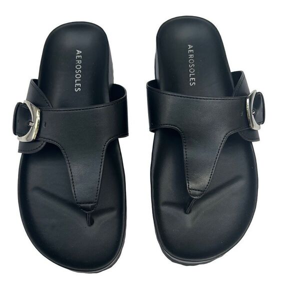 NWOT Aerosoles Flipflop Sandals Women's Size 7 Black Faux Leather Molded Footbed - Picture 8 of 9